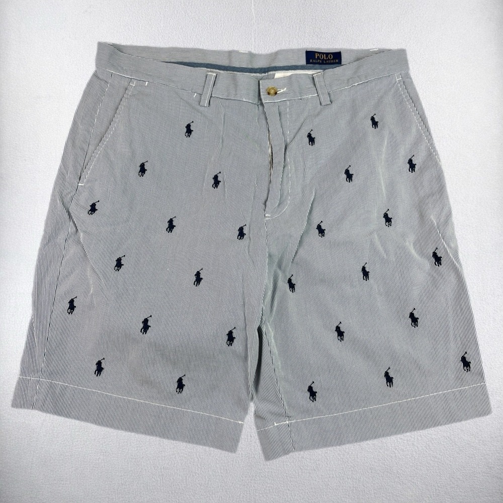 Polo Ralph Lauren Shorts Mens 35 Blue White Seersucker Striped Pony All Over - Picture 1 of 8